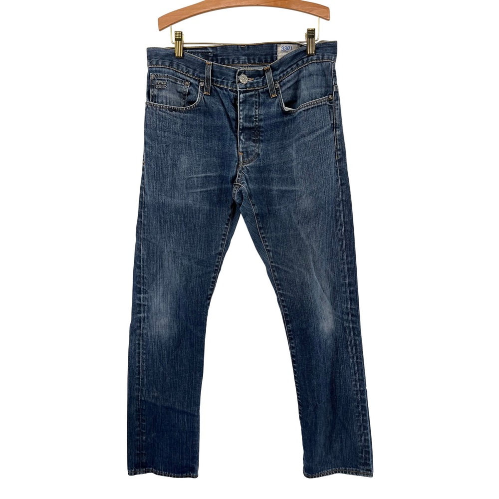 G-Star‎ Raw 3301 Mens Straight Leg Jeans Medium Wash Blue Denim Button Fly 30x30